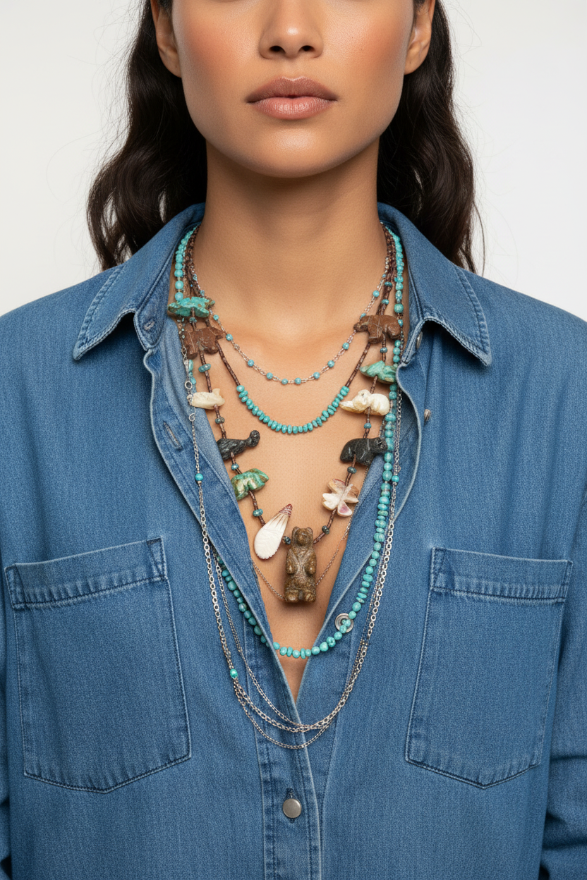 Native American fetish & heishi bead necklace with a bearpendant