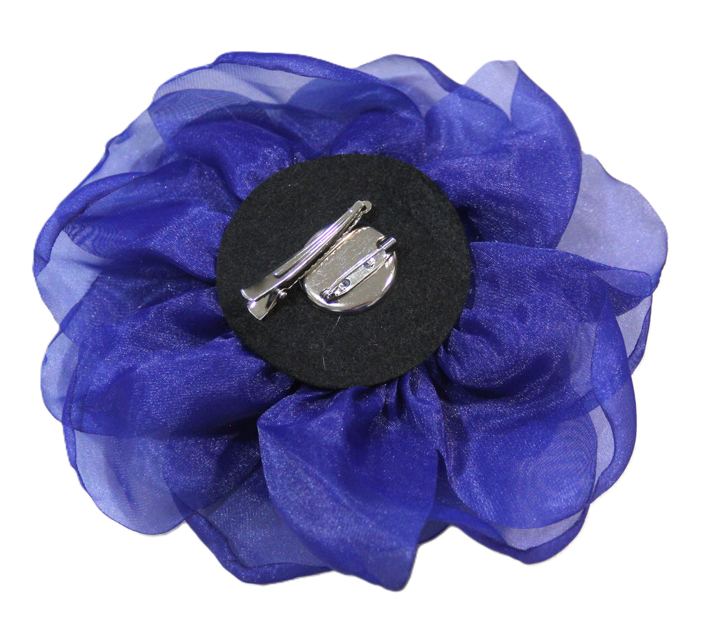 LARGE COBALT BLUE ORGANZA FLOWER CLIP BROOCH