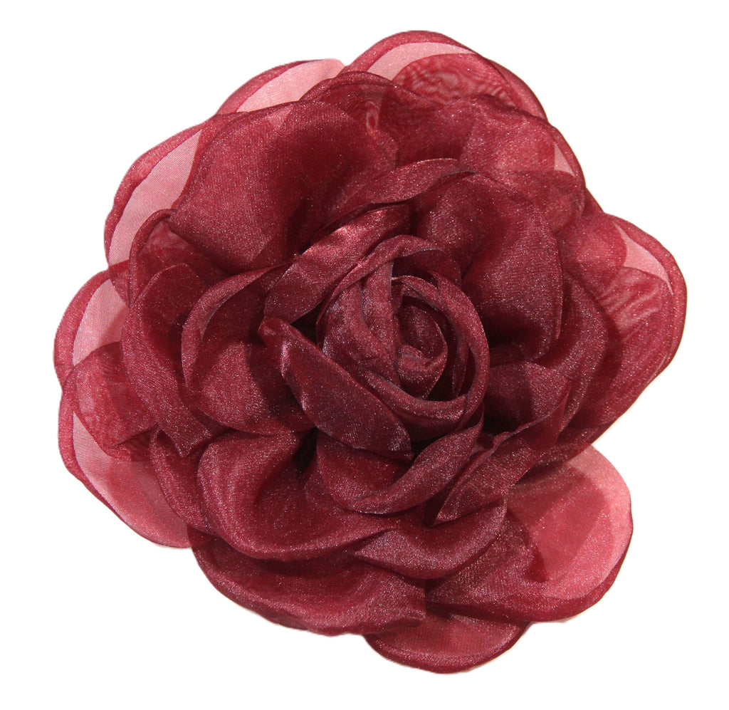 LARGE BURGUNDY ORGANZA FLOWER CLIP BROOCH