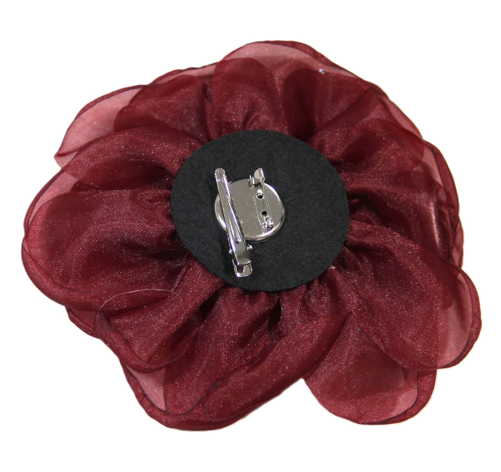 LARGE BURGUNDY ORGANZA FLOWER CLIP BROOCH