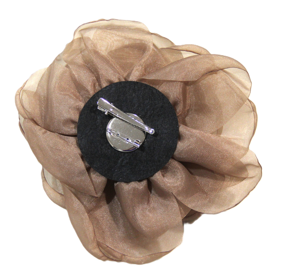 LARGE TAUPE ORGANZA FLOWER CLIP BROOCH