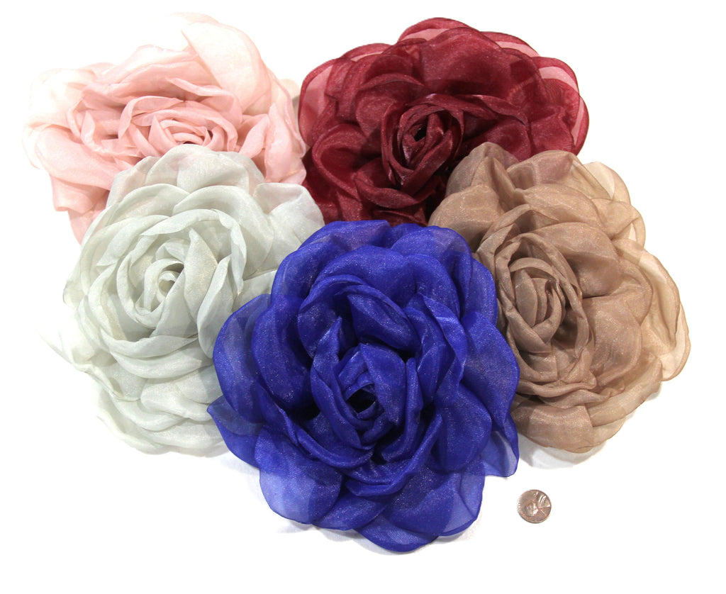 LARGE BURGUNDY ORGANZA FLOWER CLIP BROOCH