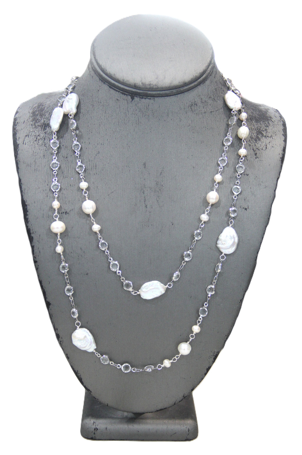 EXTRA LONG GENUINE PEARL & BEZEL CRYSTAL NECKLACE