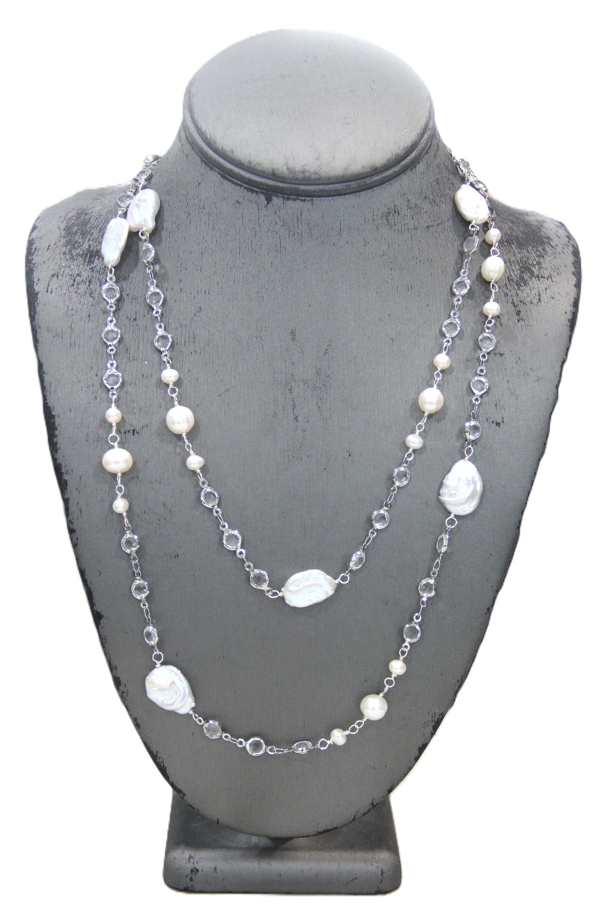 EXTRA LONG GENUINE PEARL & BEZEL CRYSTAL NECKLACE