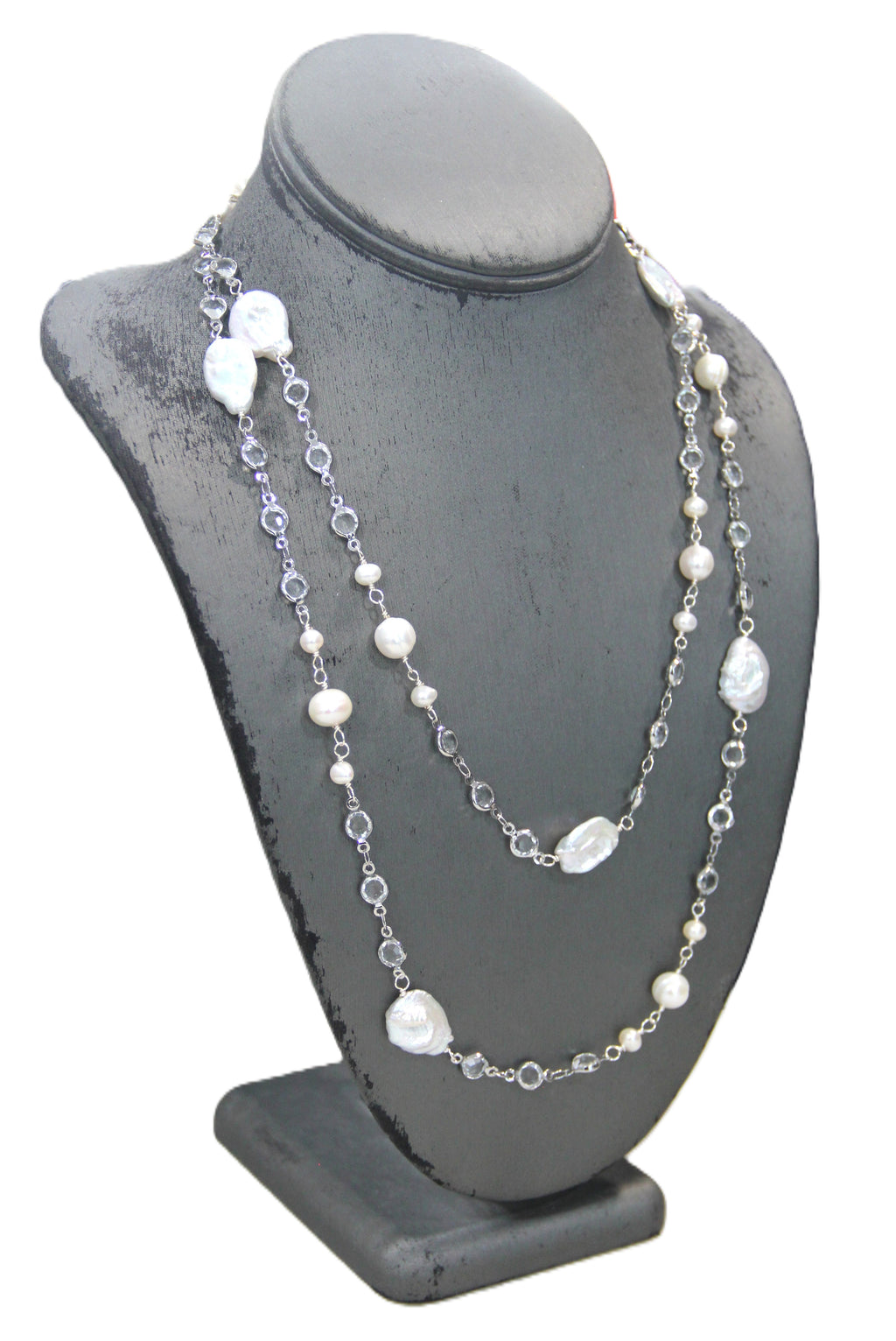 EXTRA LONG GENUINE PEARL & BEZEL CRYSTAL NECKLACE