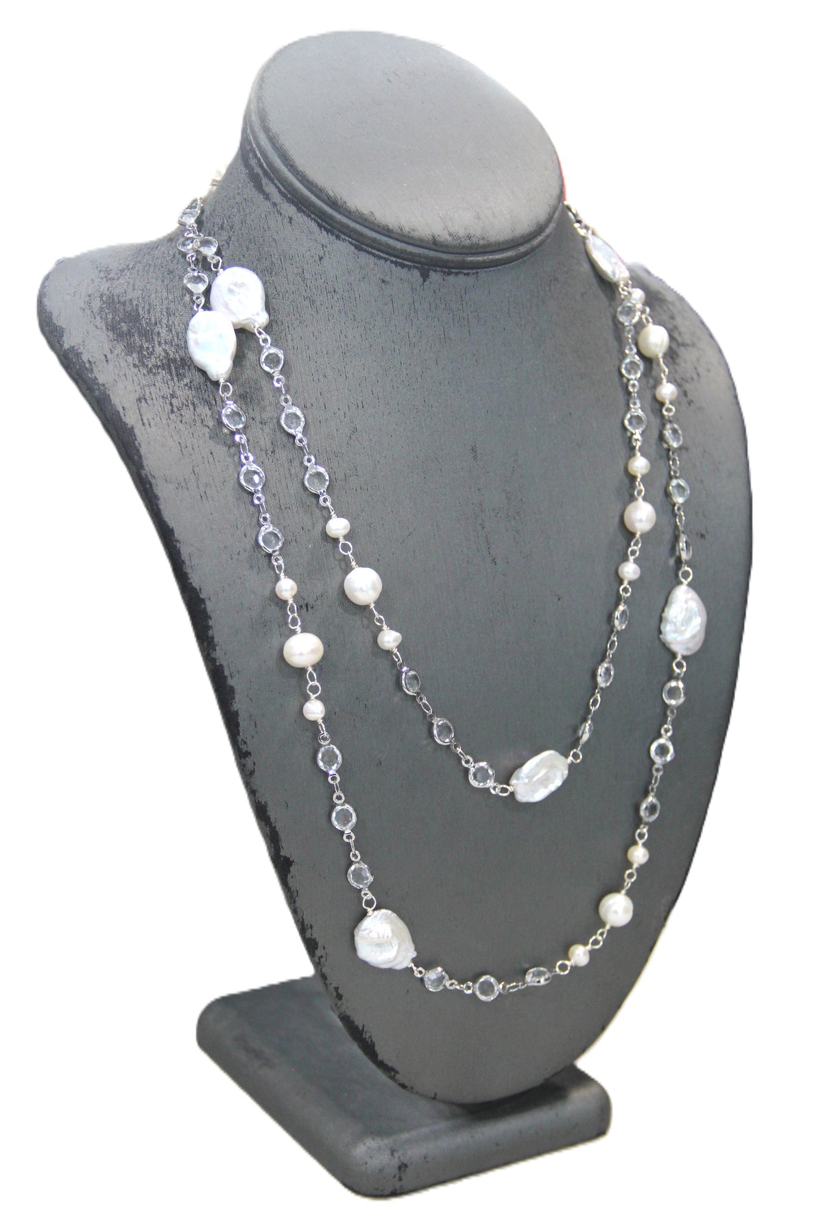 EXTRA LONG GENUINE PEARL & BEZEL CRYSTAL NECKLACE