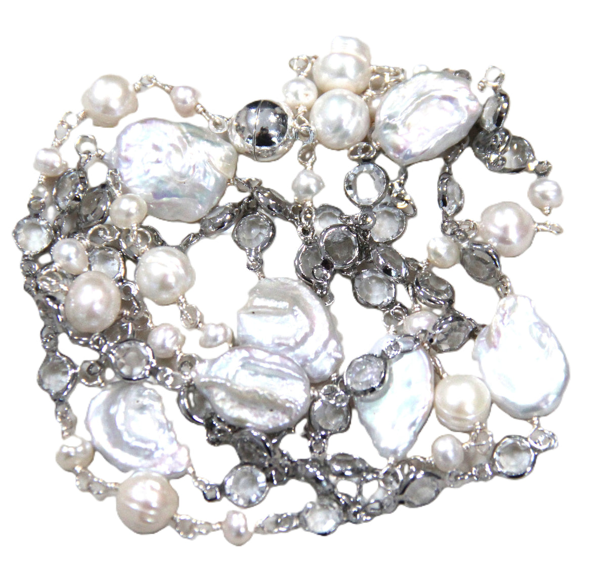 EXTRA LONG GENUINE PEARL & BEZEL CRYSTAL NECKLACE