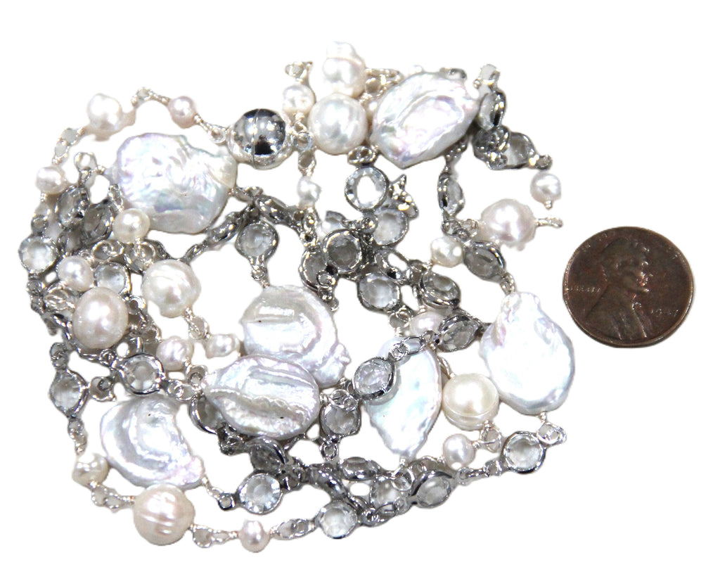 EXTRA LONG GENUINE PEARL & BEZEL CRYSTAL NECKLACE