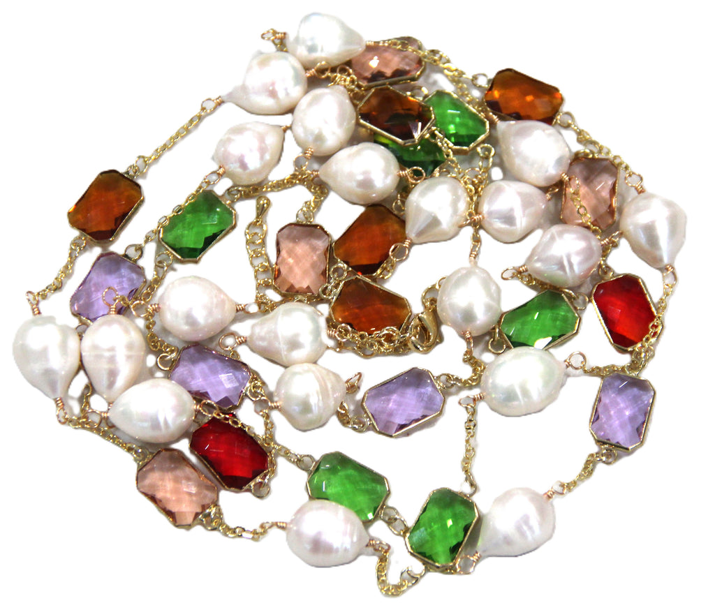SUPER LONG GENUINE PEARL & COLORFUL BEZEL GLASS CRYSTAL NECKLACE