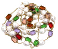 SUPER LONG GENUINE PEARL & COLORFUL BEZEL GLASS CRYSTAL NECKLACE