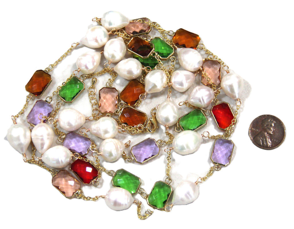SUPER LONG GENUINE PEARL & COLORFUL BEZEL GLASS CRYSTAL NECKLACE