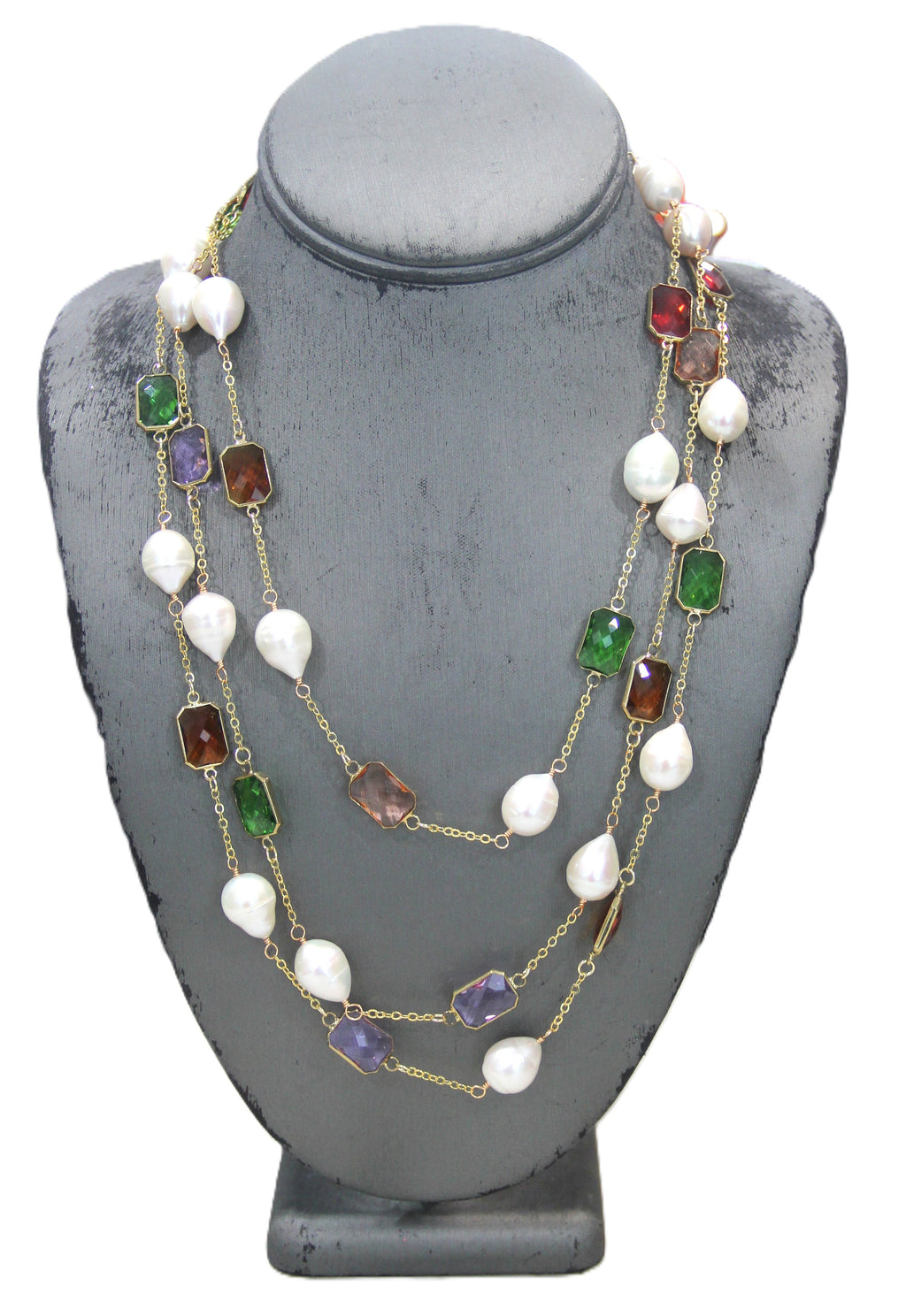 SUPER LONG GENUINE PEARL & COLORFUL BEZEL GLASS CRYSTAL NECKLACE
