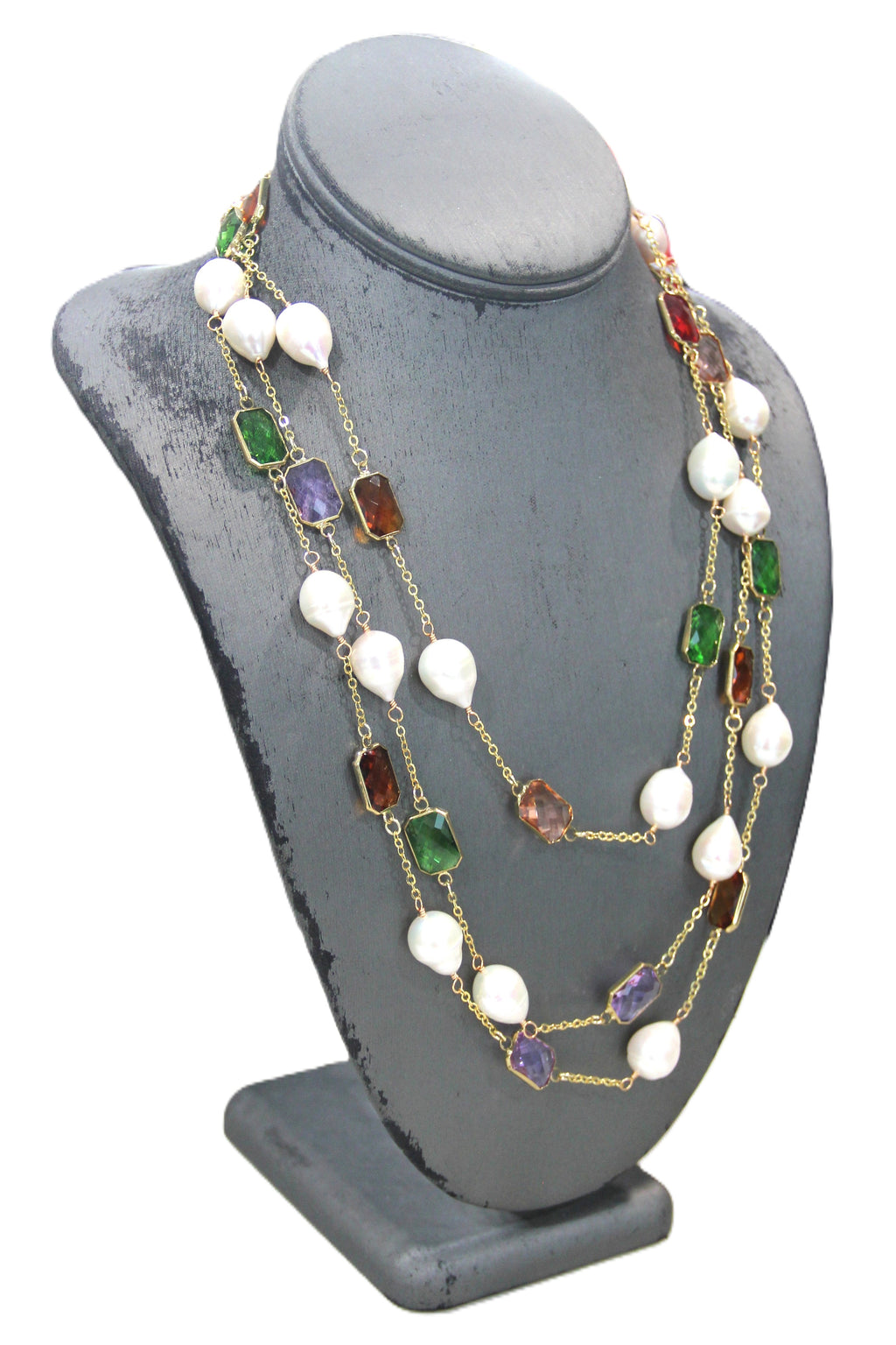 SUPER LONG GENUINE PEARL & COLORFUL BEZEL GLASS CRYSTAL NECKLACE
