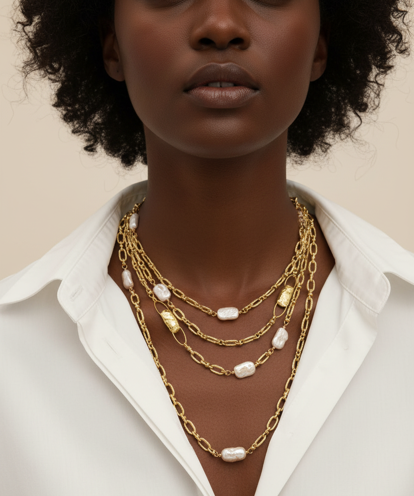 18kt gold plated paper clip chain necklace with pearls