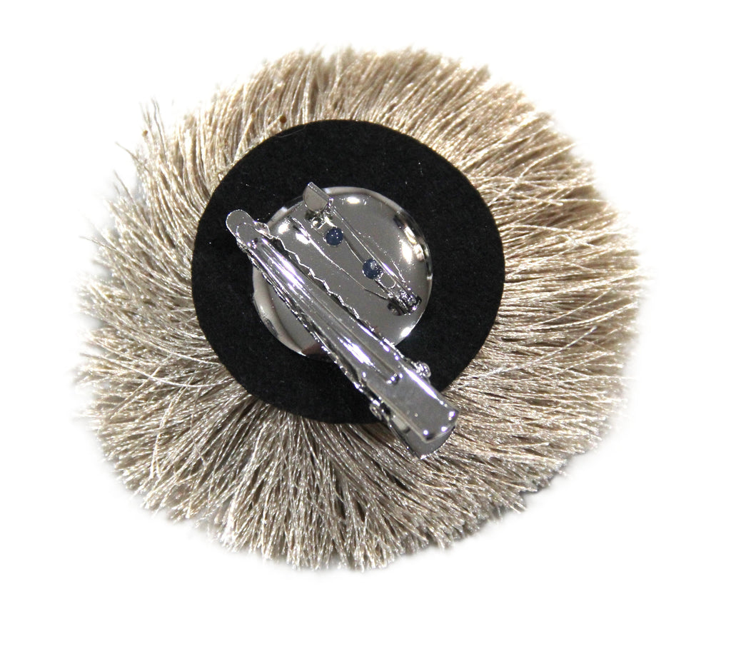 TAUPE POM POM FLOWER CLIP BROOCH