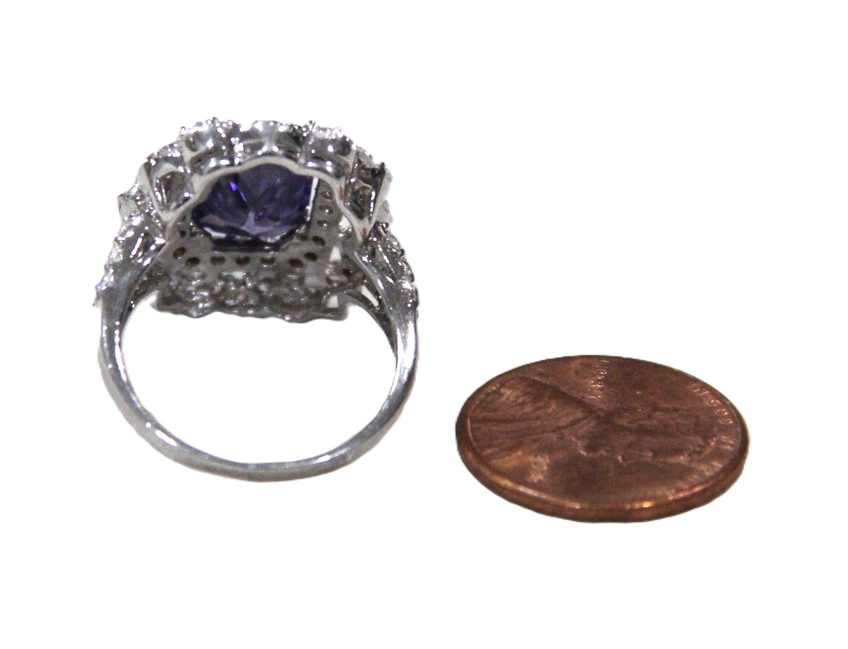 LARGE PURPLE CZ STONE RING IN FANCY STERLING & PAVE SETTING