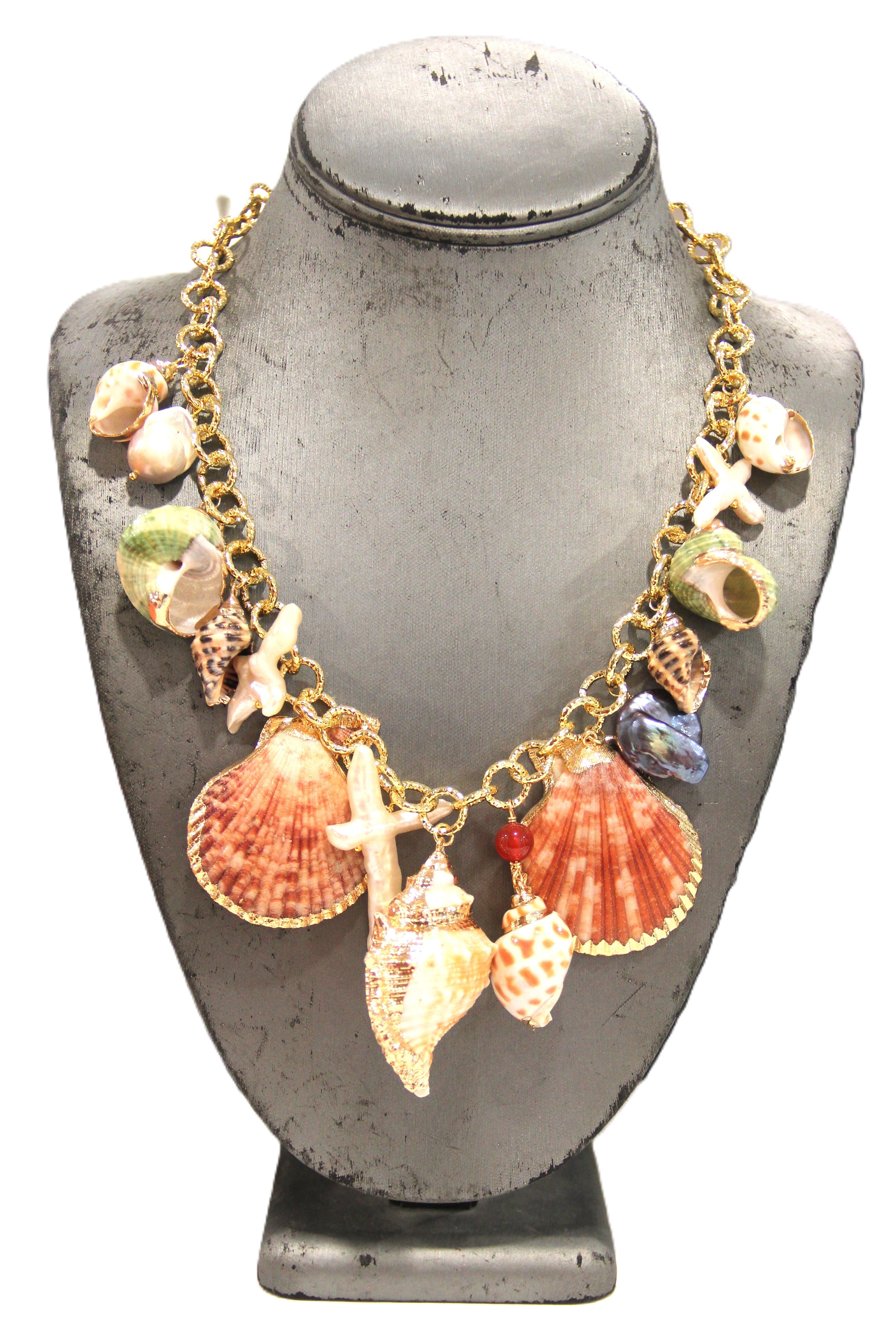MODERN GENUINE PEARL & REAL SHELL CHARM NECKLACE
