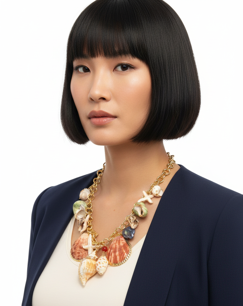 MODERN GENUINE PEARL & REAL SHELL CHARM NECKLACE