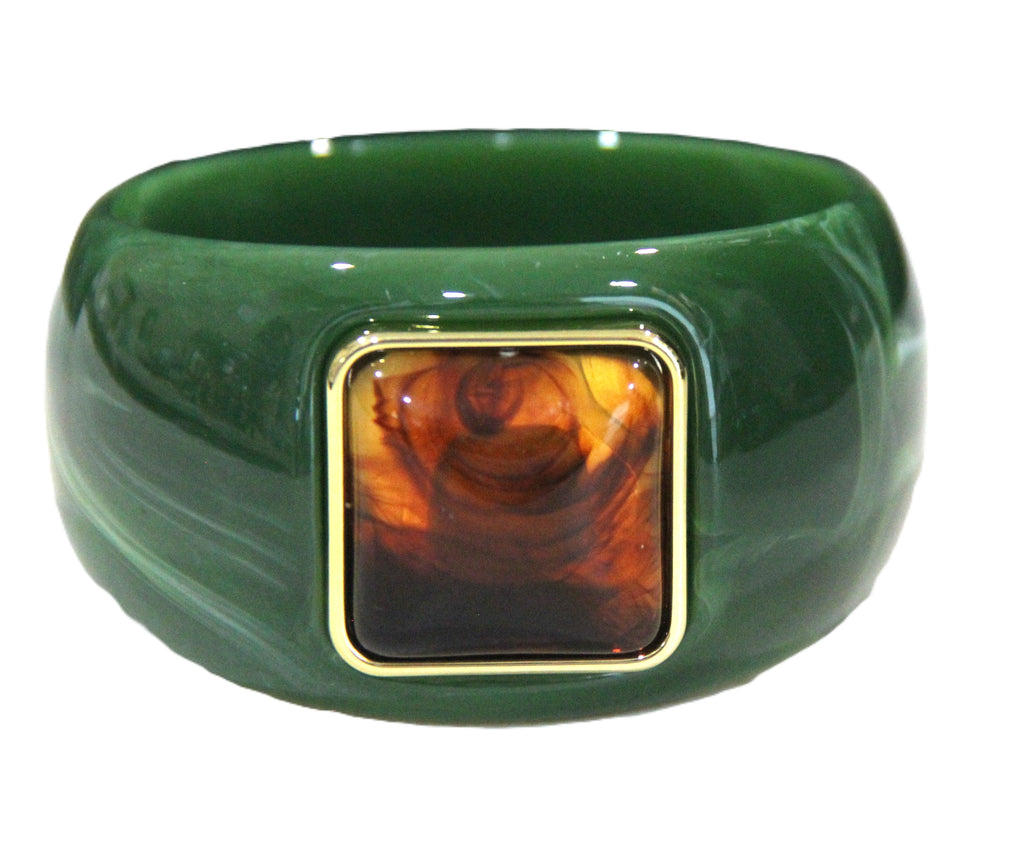 CONTEMPORARY RESIN BANGLE BRACELET - GREEN AMBER SQUARE