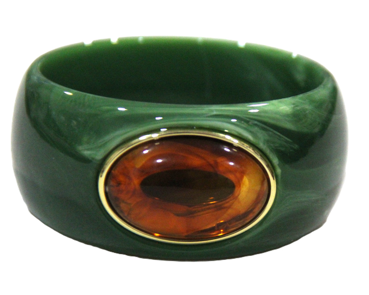 CONTEMPORARY RESIN BANGLE BRACELET - GREEN AMBER OVAL