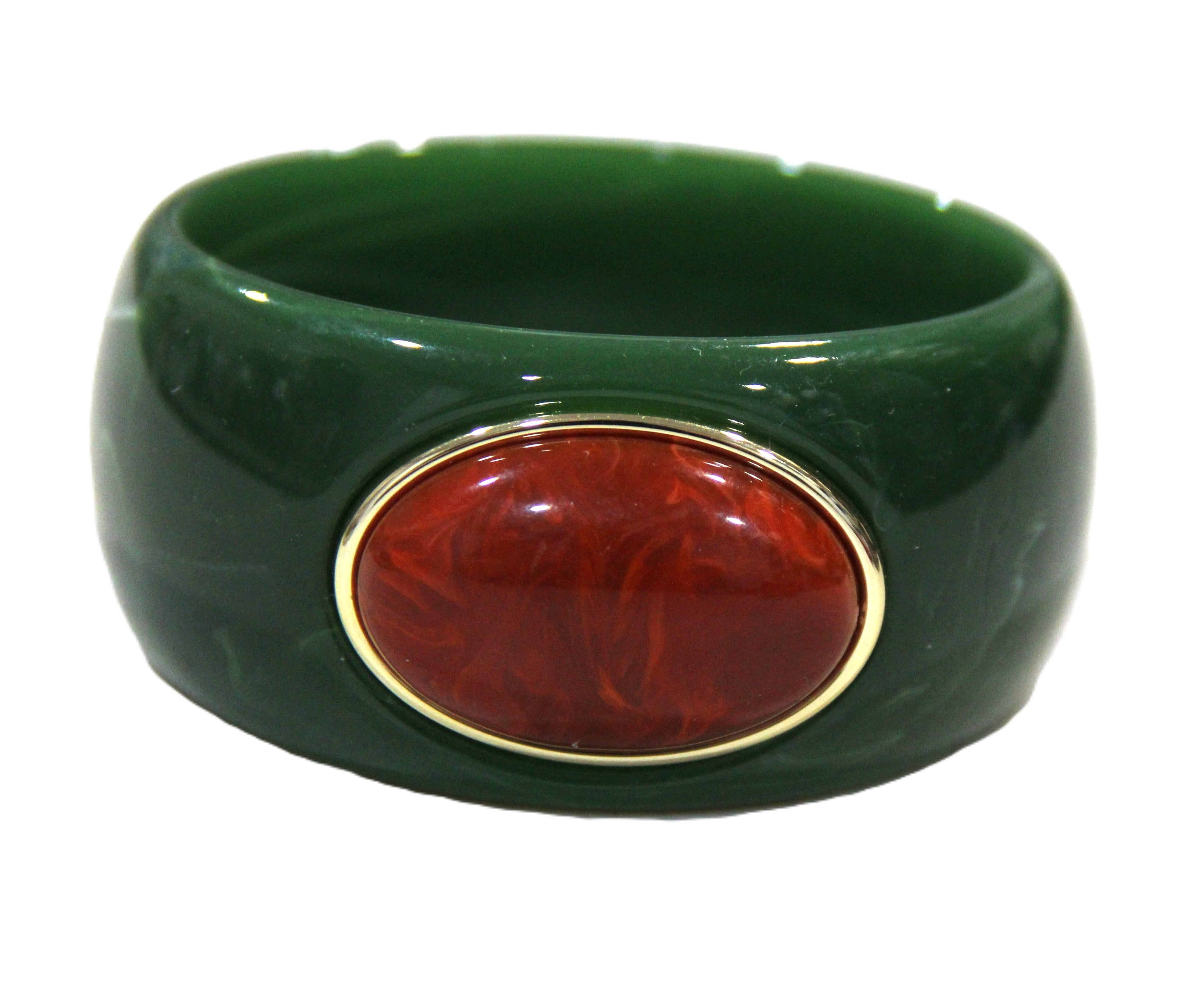CONTEMPORARY RESIN BANGLE BRACELET - GREEN RUST RED OVAL