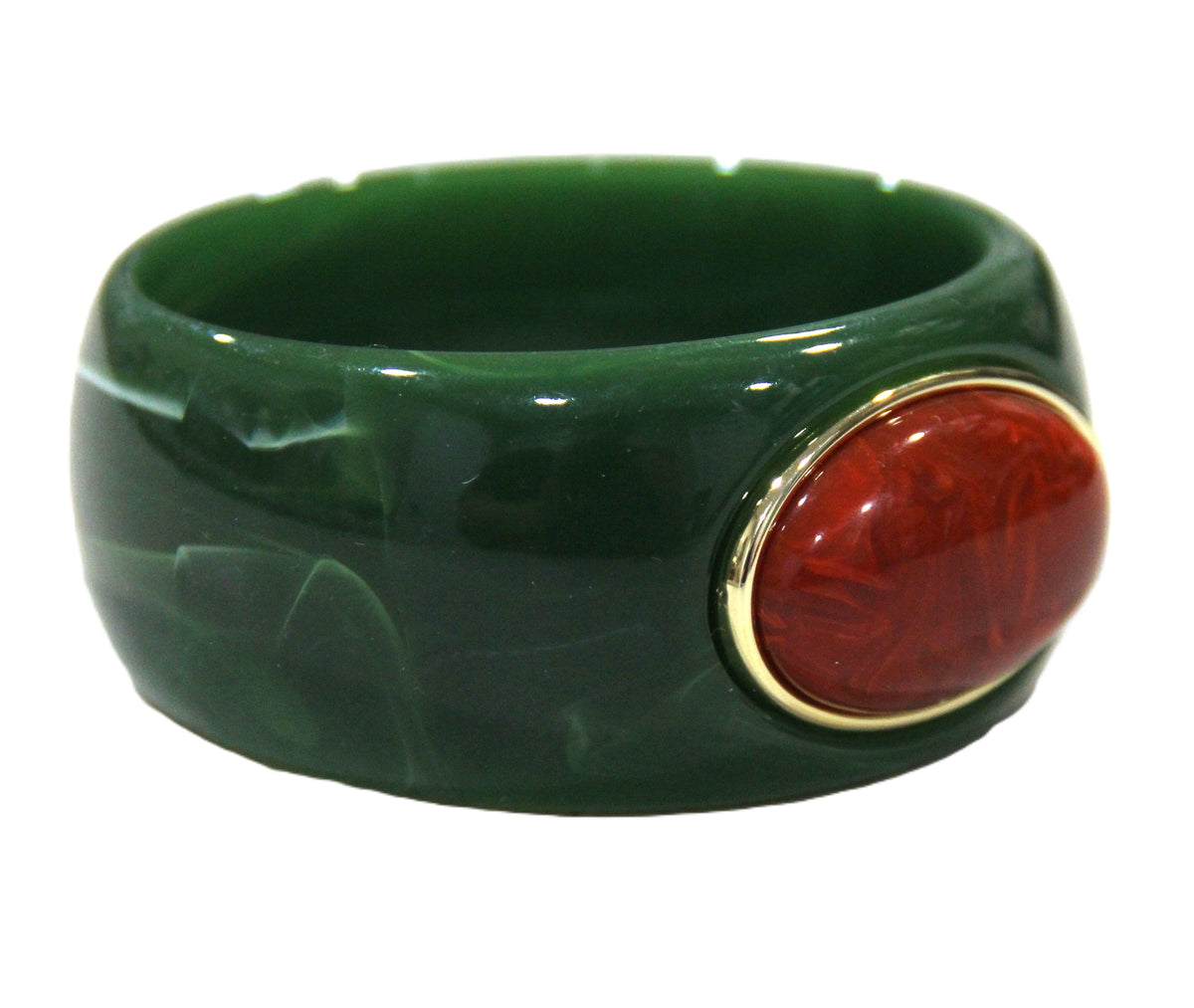 CONTEMPORARY RESIN BANGLE BRACELET - GREEN RUST RED OVAL