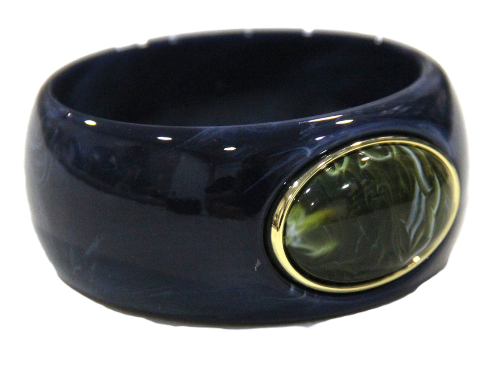 CONTEMPORARY RESIN BANGLE BRACELET - NAVY GREEN OVAL