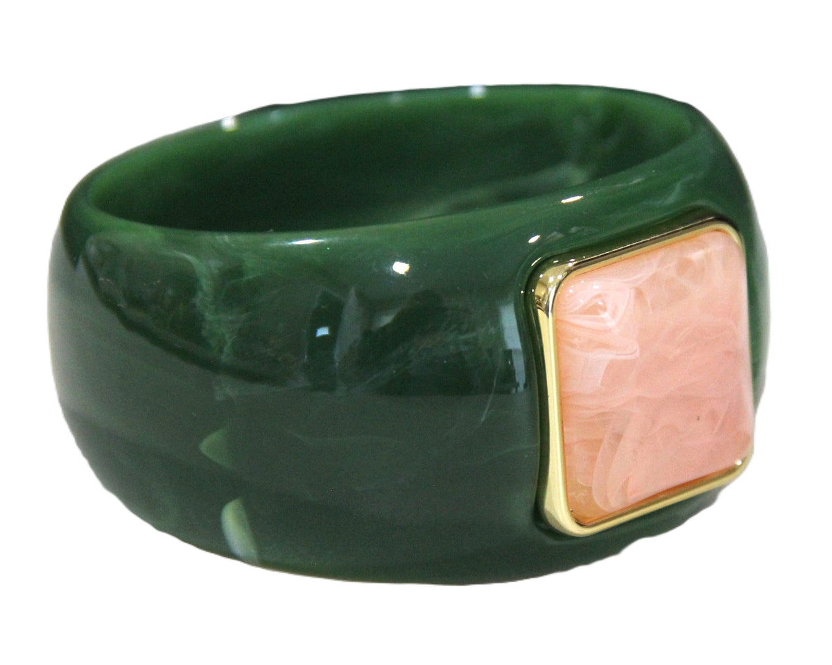 CONTEMPORARY RESIN BANGLE BRACELET - GREEN PINK SWIRL SQUARE