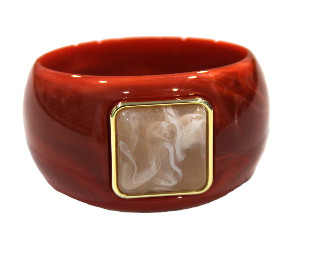 CONTEMPORARY RESIN BANGLE BRACELET - RUST RED CREAM SQUARE