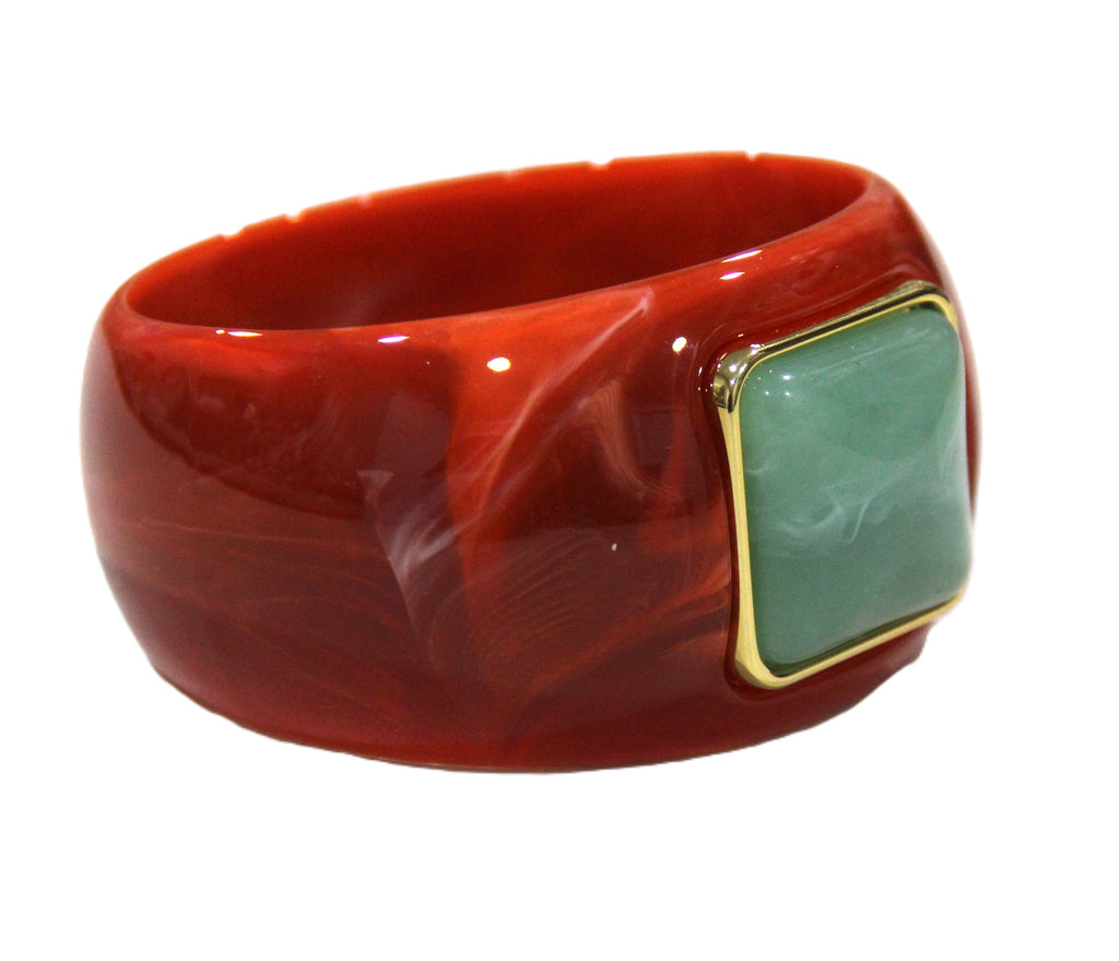 CONTEMPORARY RESIN BANGLE BRACELET - RUST RED SEA GREEN SQUARE