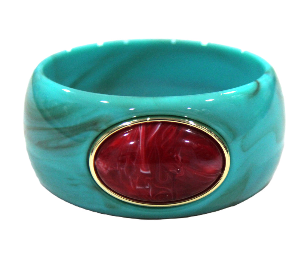 CONTEMPORARY RESIN BANGLE BRACELET - TURQUOISE RED SWIRL OVAL