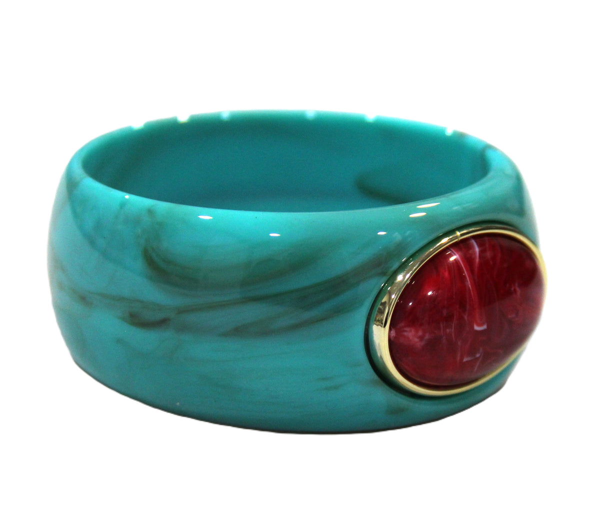 CONTEMPORARY RESIN BANGLE BRACELET - TURQUOISE RED SWIRL OVAL