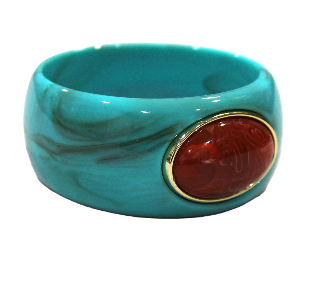 CONTEMPORARY RESIN BANGLE BRACELET - TURQUOISE RUST RED OVAL