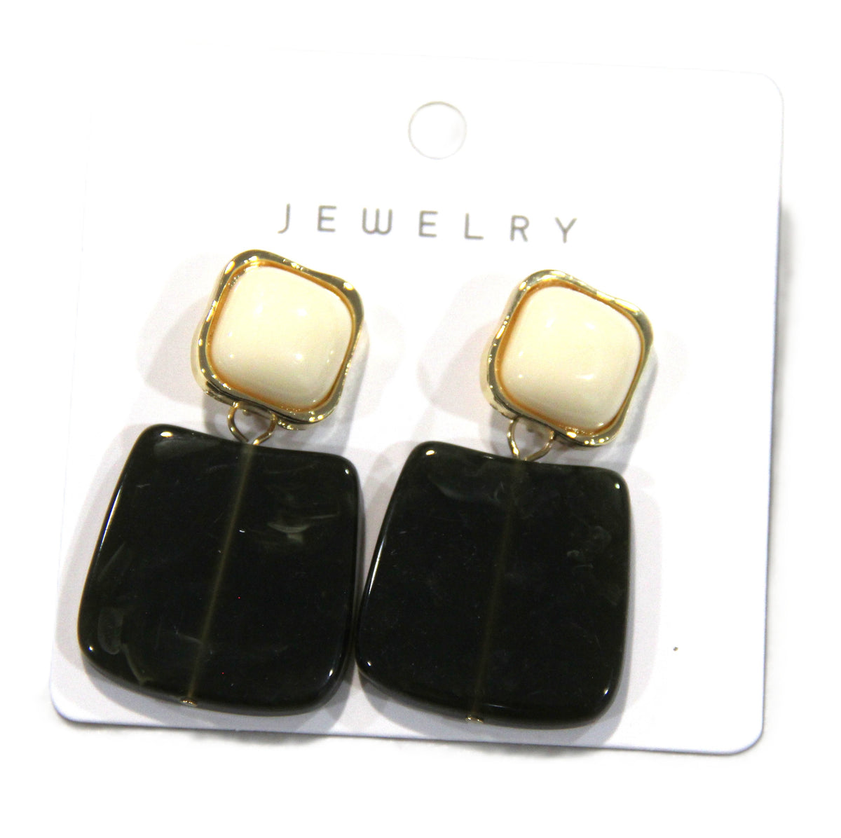 CONTEMPORARY AMBER BLACK & CREAM RESIN DANGLE PIERCED EARRINGS