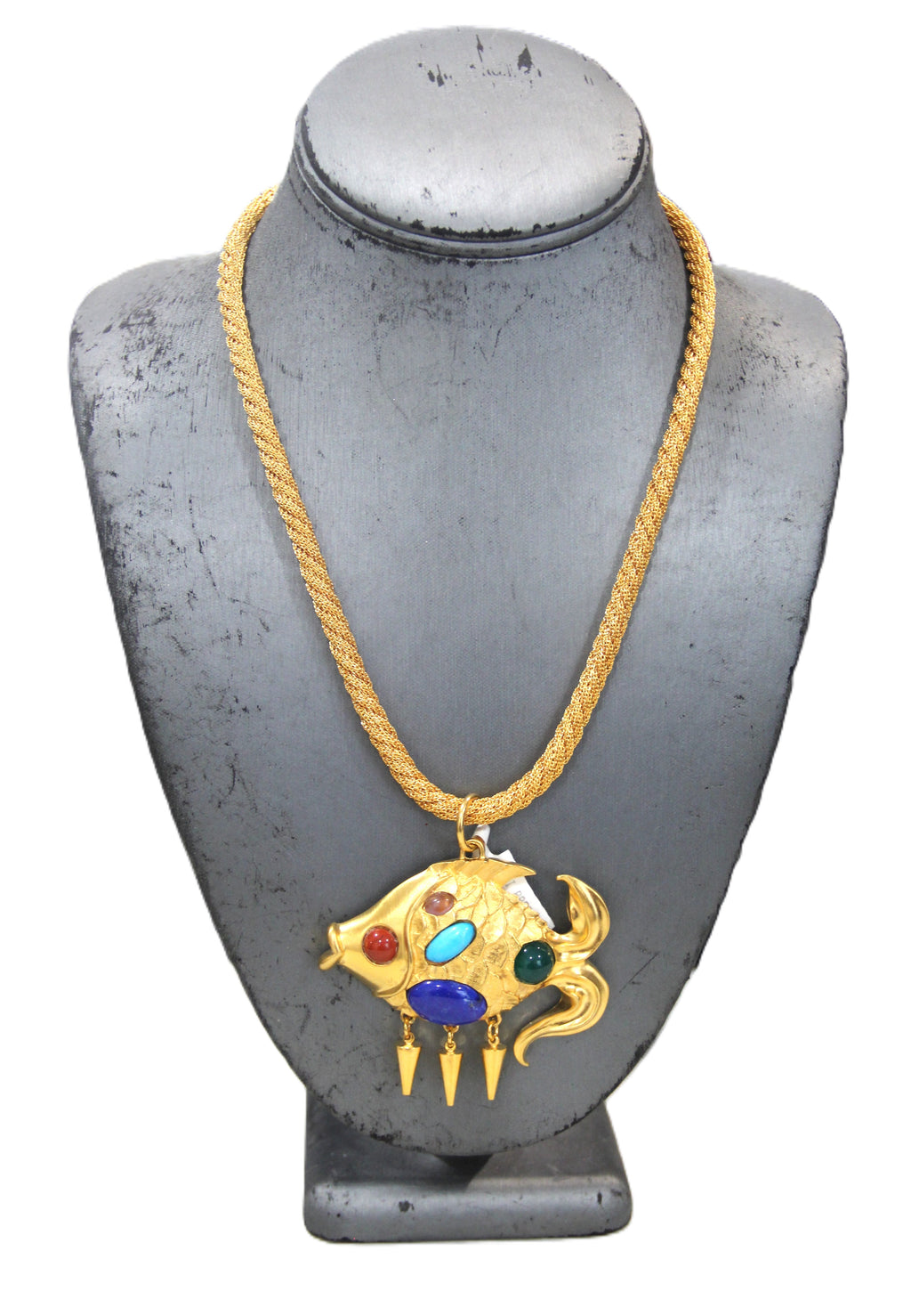 Ro-do for Sak's vintage gold plated fish necklace with gemstone cabochons