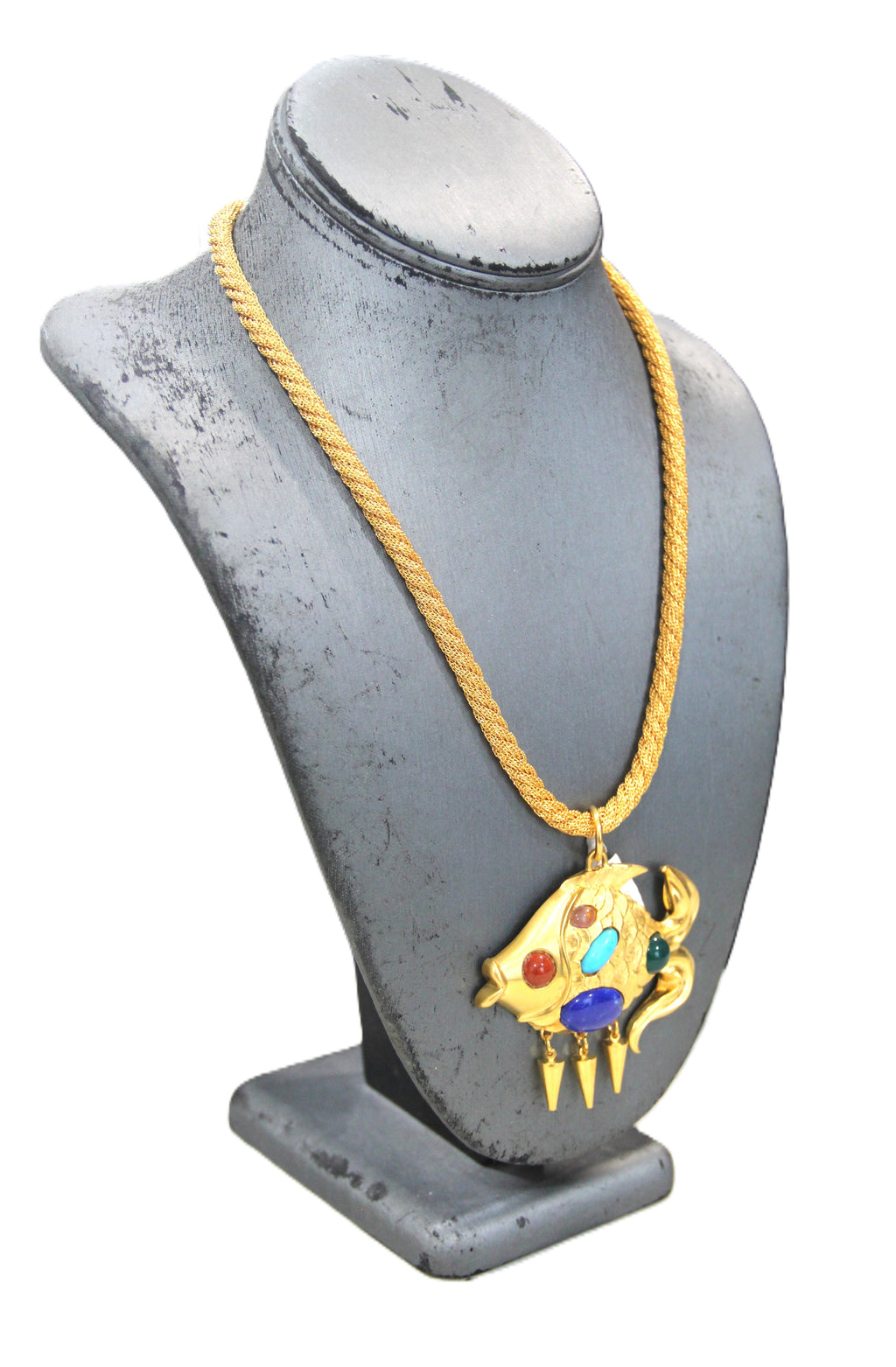 Ro-do for Sak's vintage gold plated fish necklace with gemstone cabochons