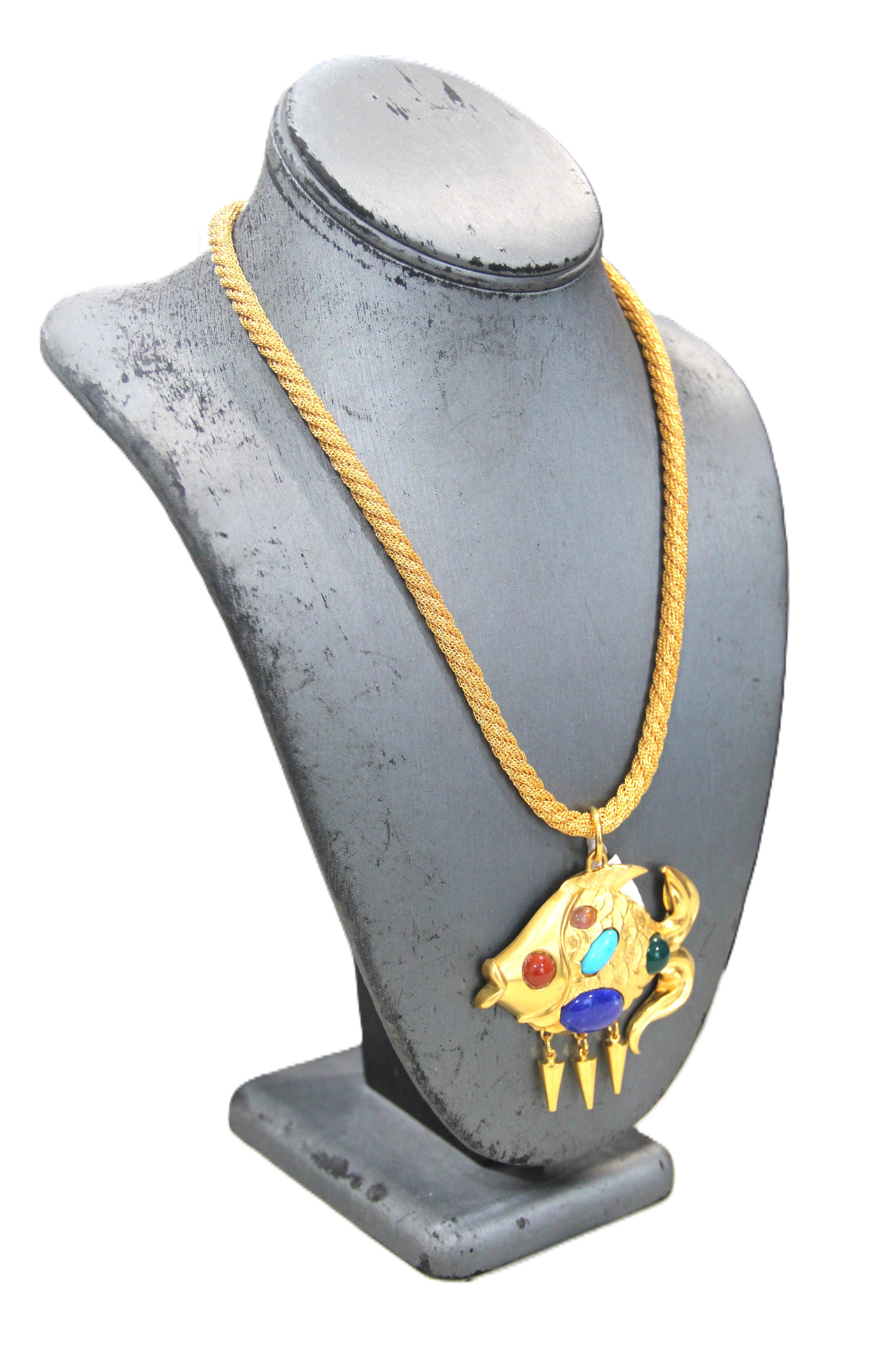 Ro-do for Sak's vintage gold plated fish necklace with gemstone cabochons