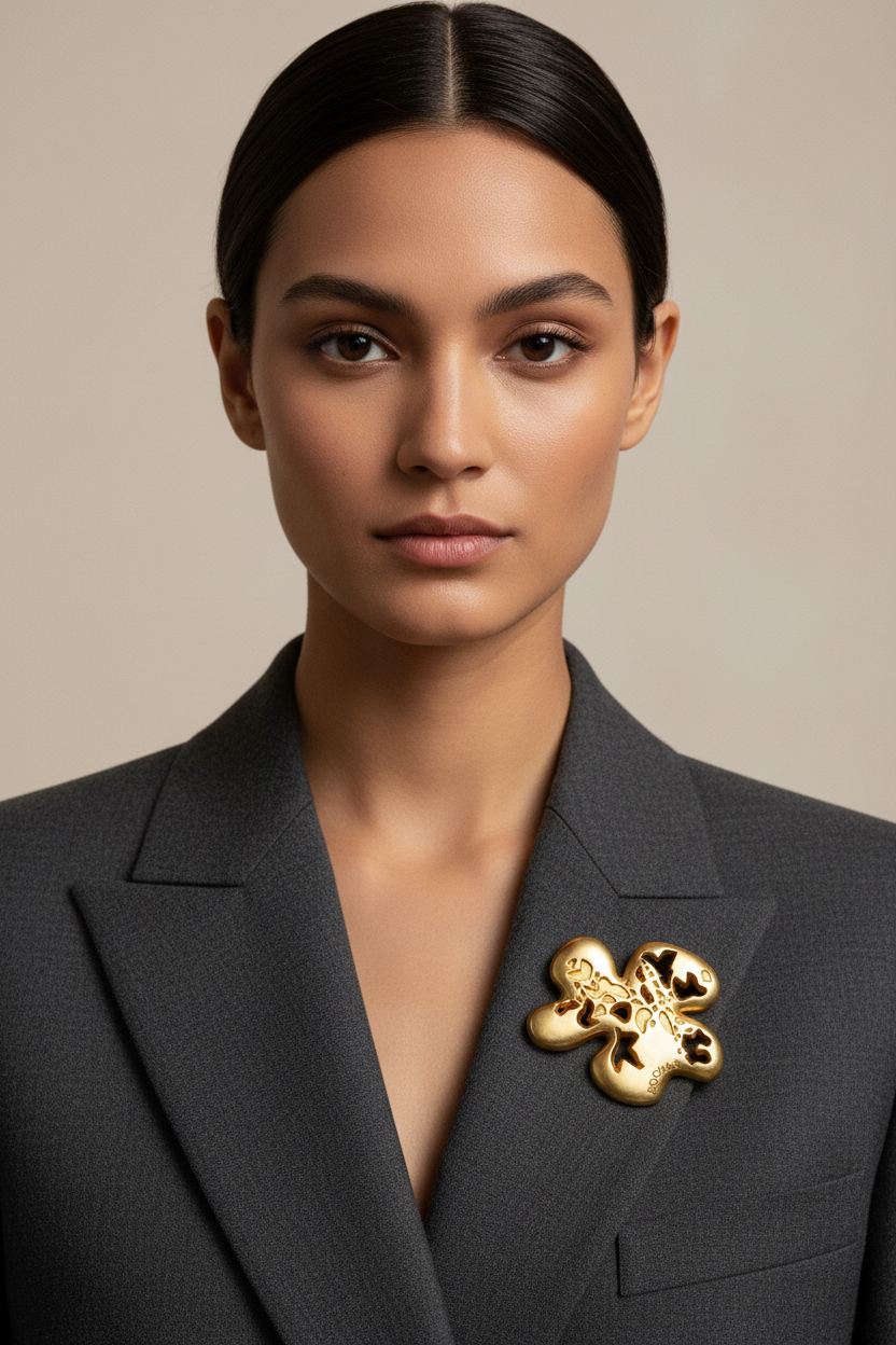 Vintage Rochas Paris French matte gold brooch