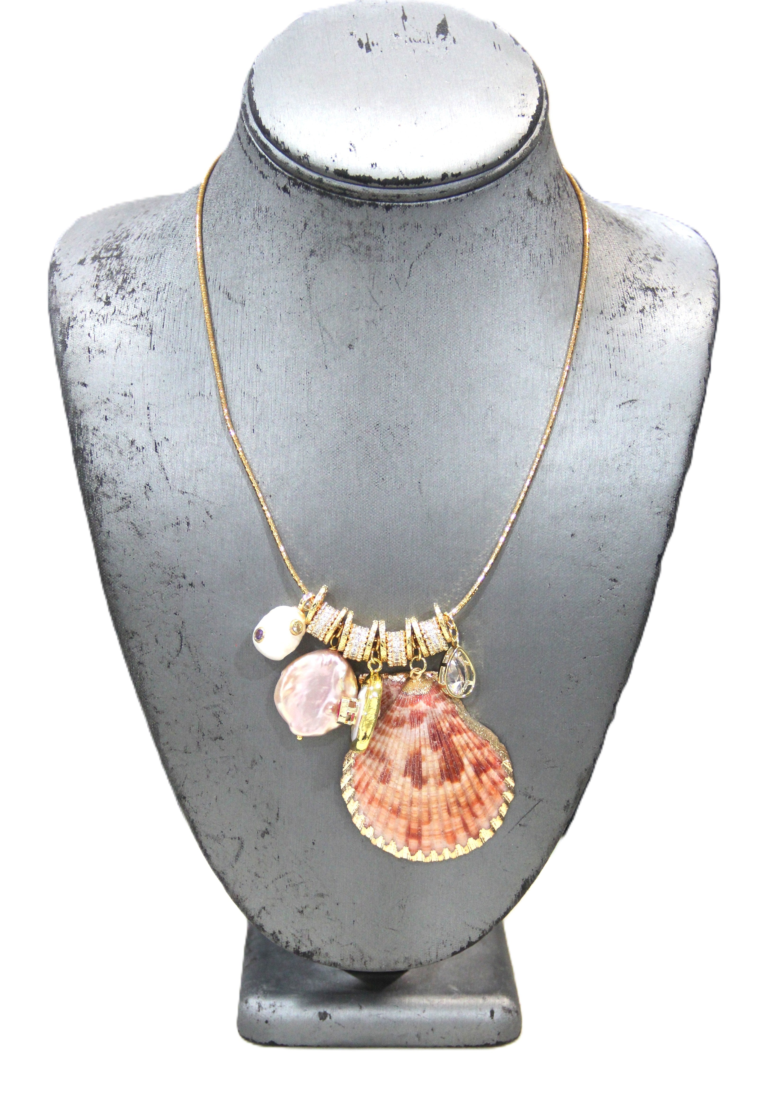 SUMMERTIME! SHELL PEARL & CRYSTAL CHOKER NECKLACE
