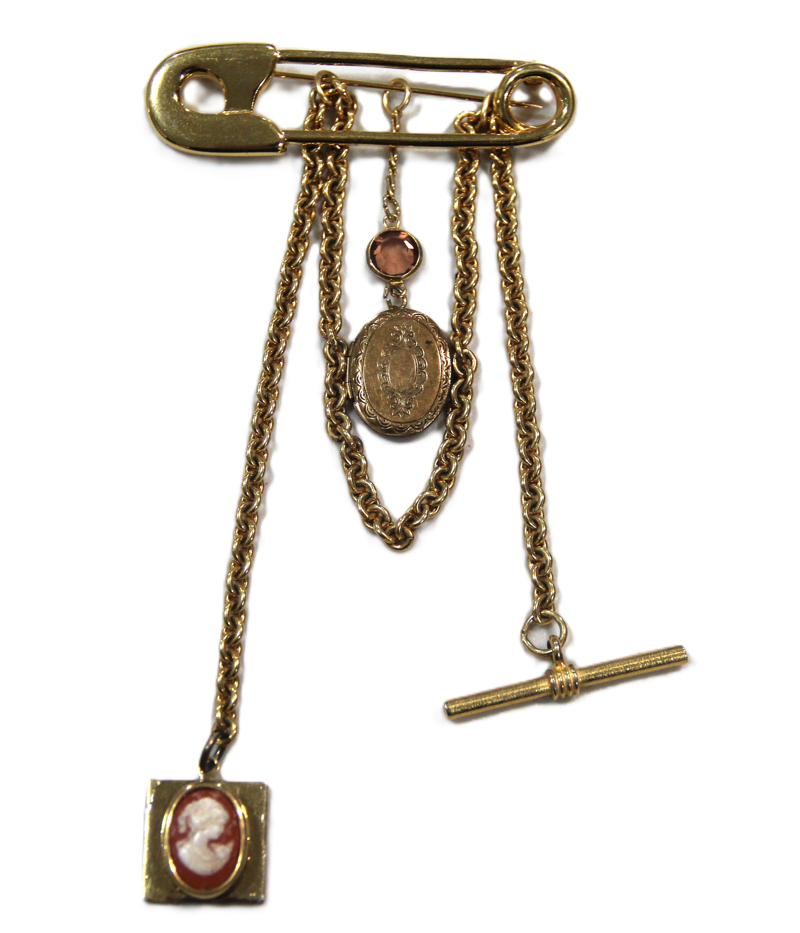Upcycled locket cameo and fob chain safety pin brooch