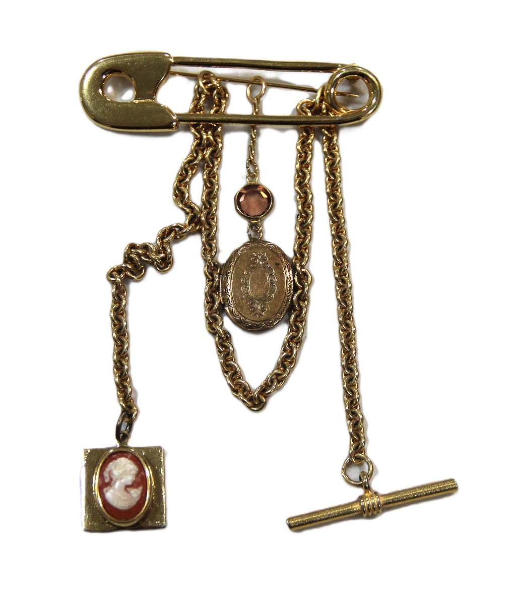 Upcycled locket cameo and fob chain safety pin brooch