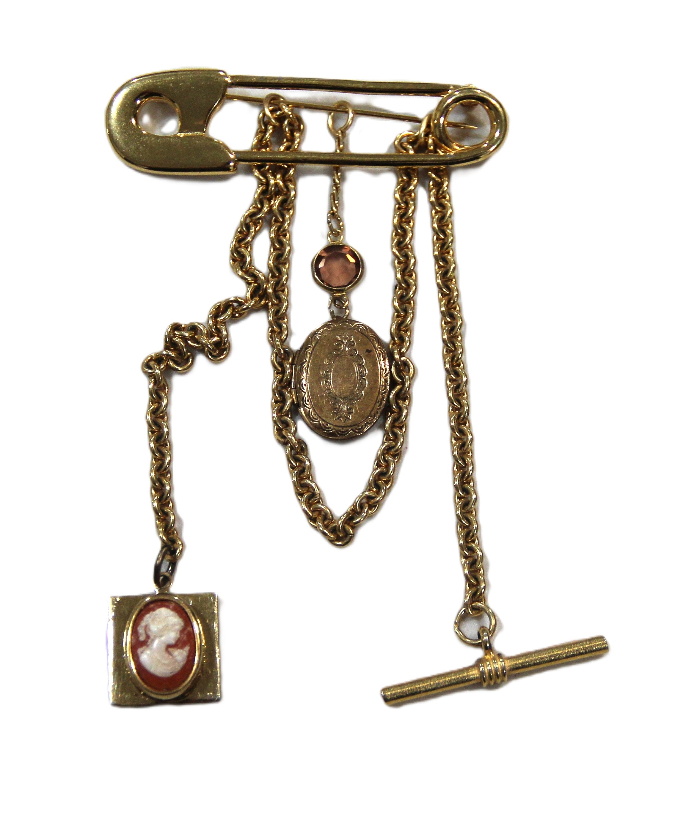 Upcycled locket cameo and fob chain safety pin brooch