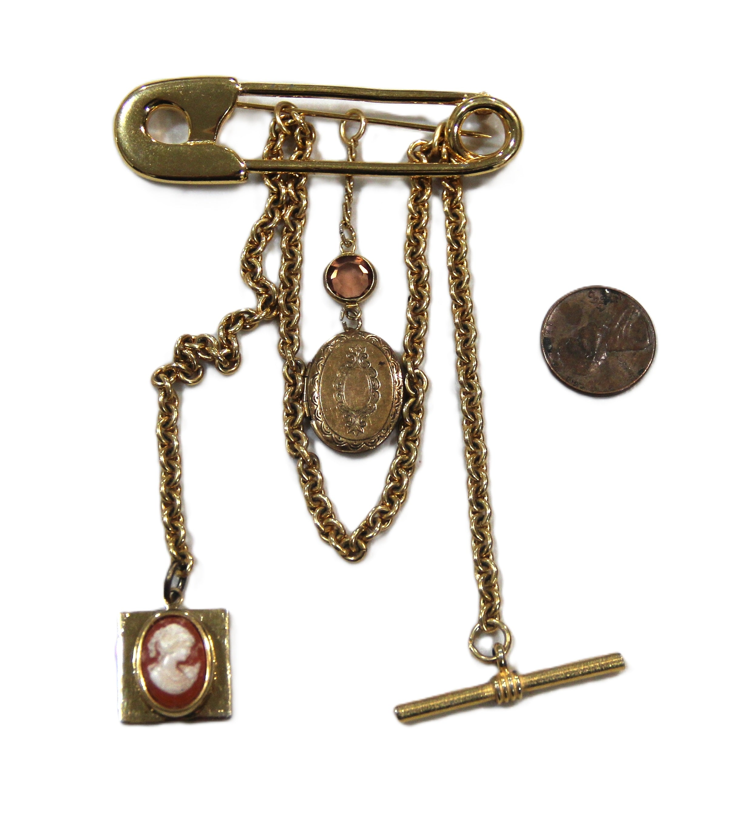 Upcycled locket cameo and fob chain safety pin brooch