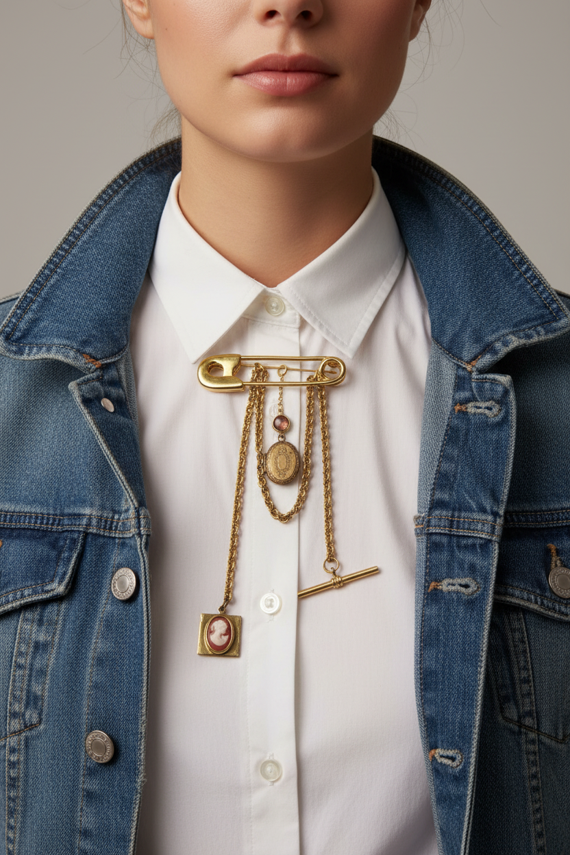 Upcycled locket cameo and fob chain safety pin brooch