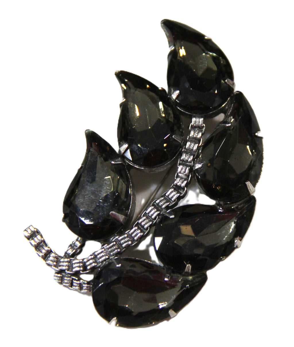 Vintage black glass leaf statement brooch