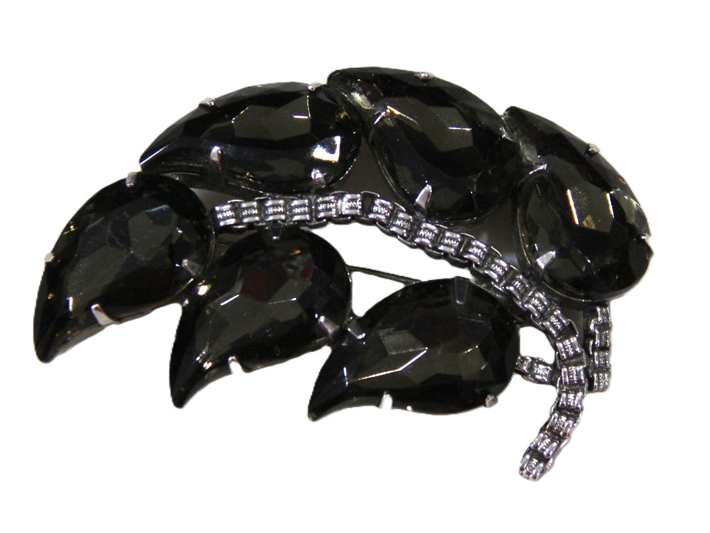 Vintage black glass leaf statement brooch