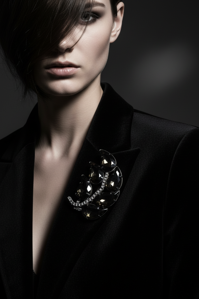 Vintage black glass leaf statement brooch