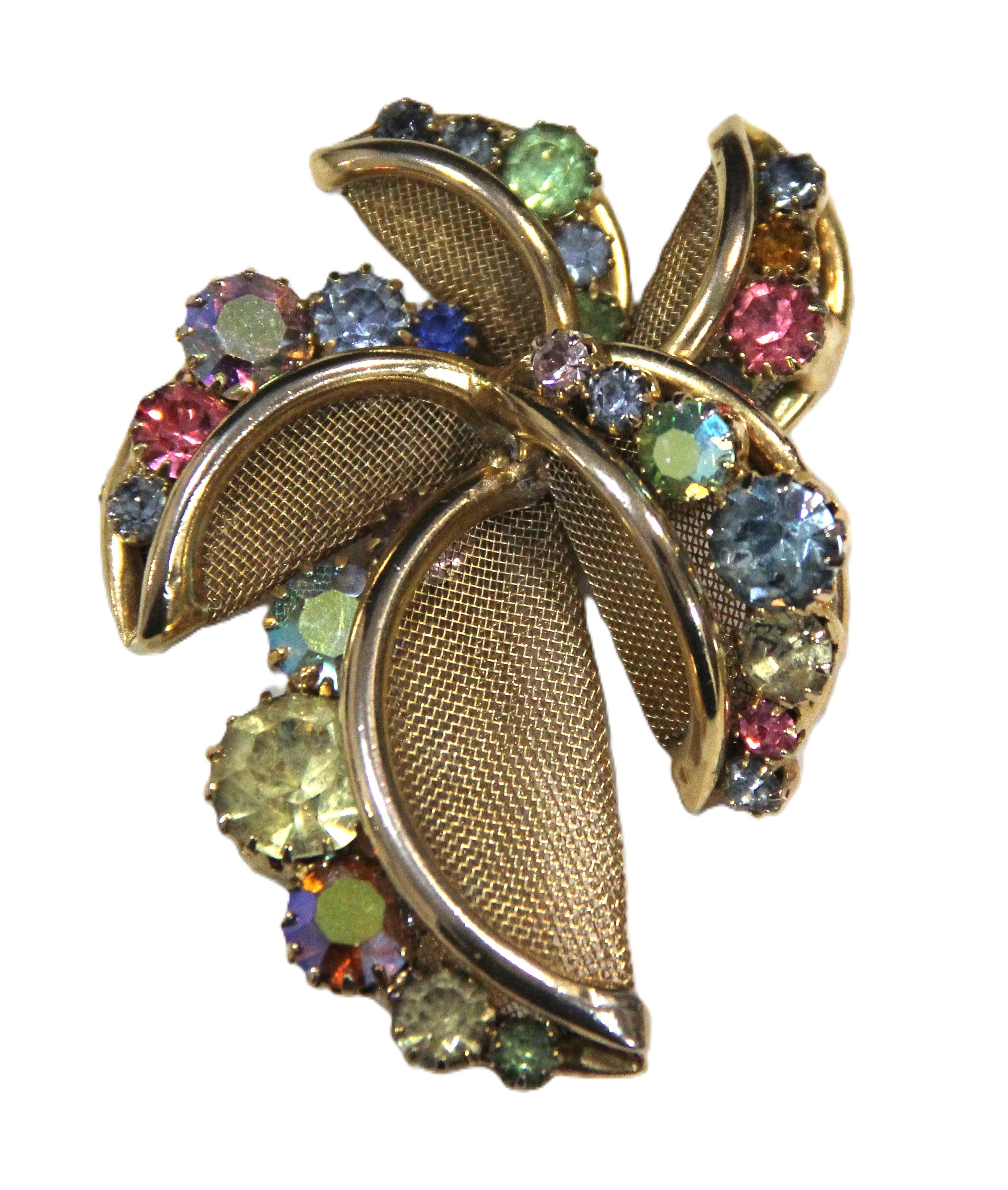 Vintage gold mesh and ab rhinestone brooch