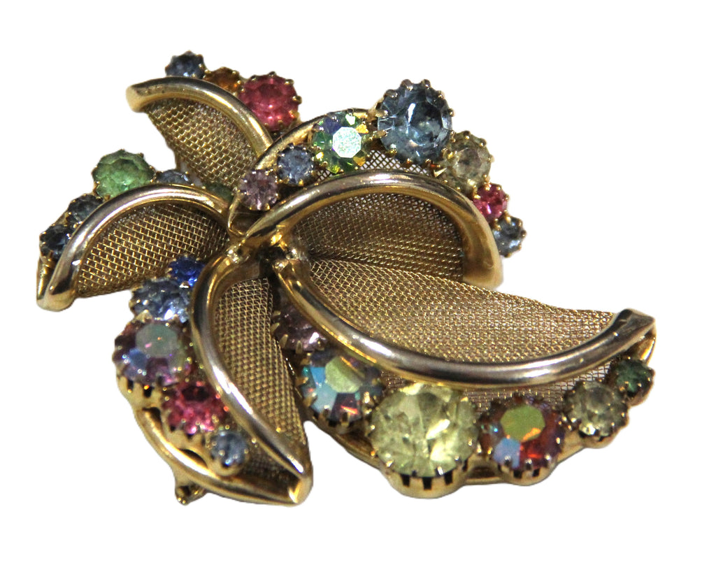 Vintage gold mesh and ab rhinestone brooch
