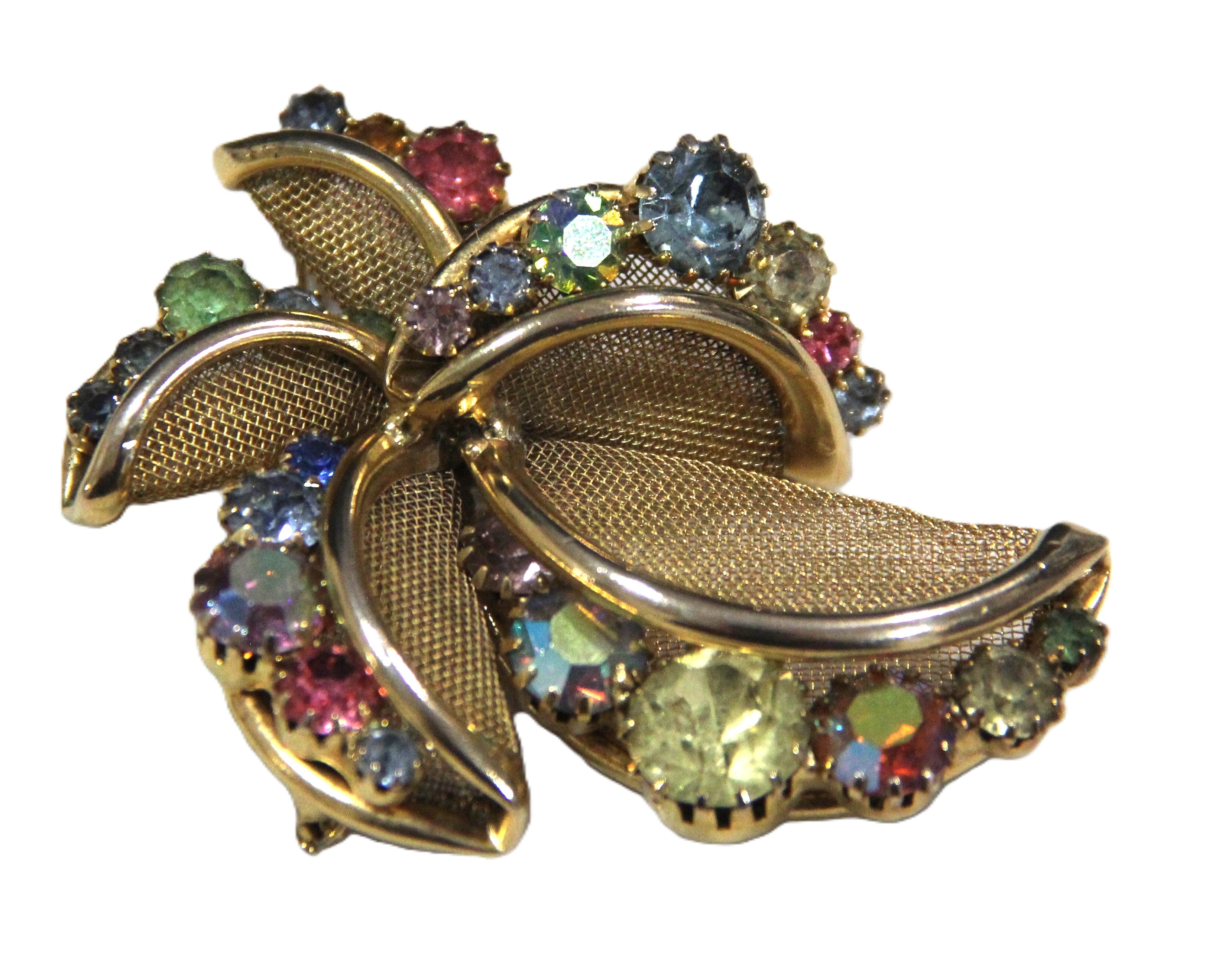 Vintage gold mesh and ab rhinestone brooch